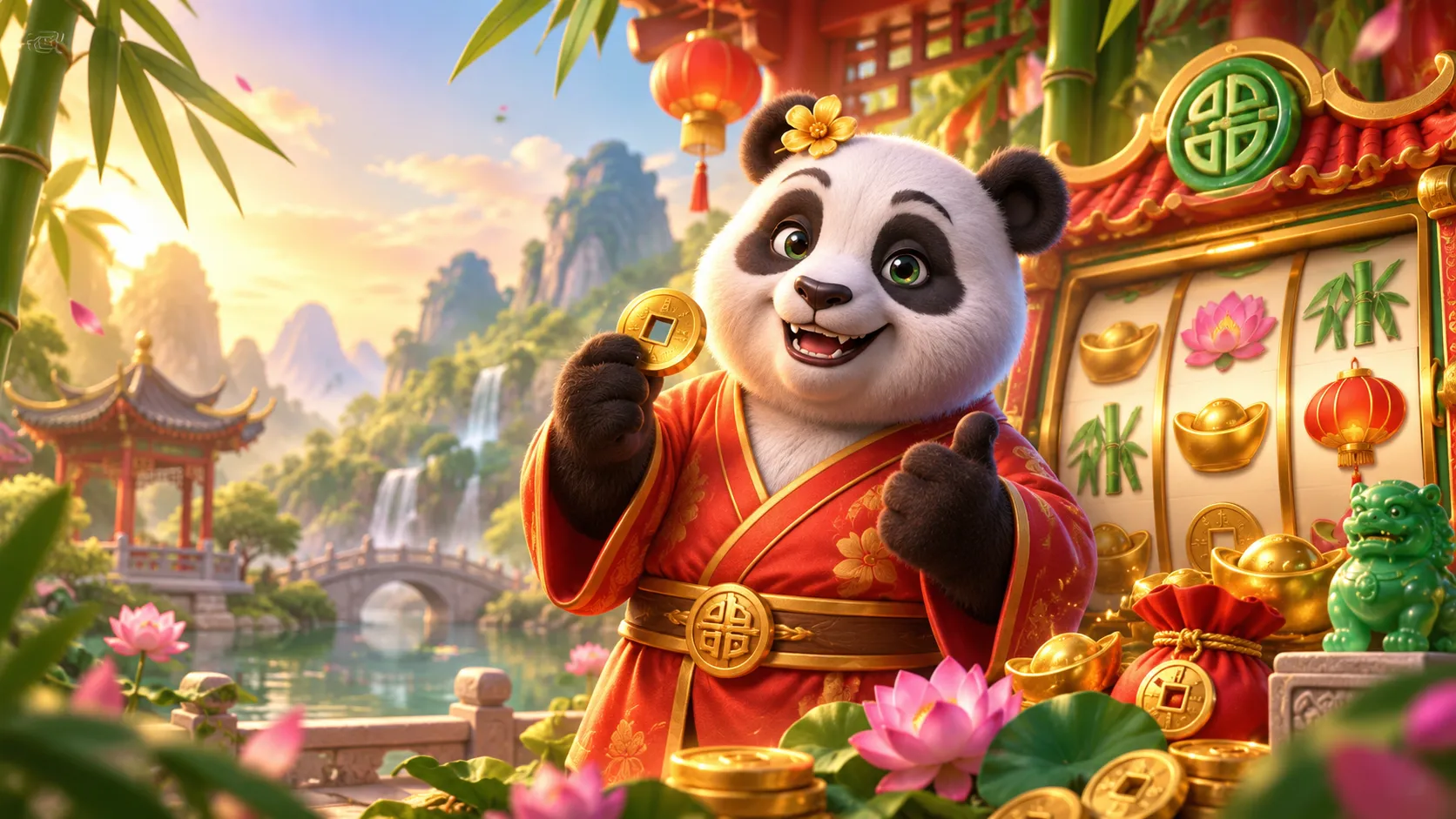 Panda com moedas douradas em cenário oriental inspirado em Fortune Panda
